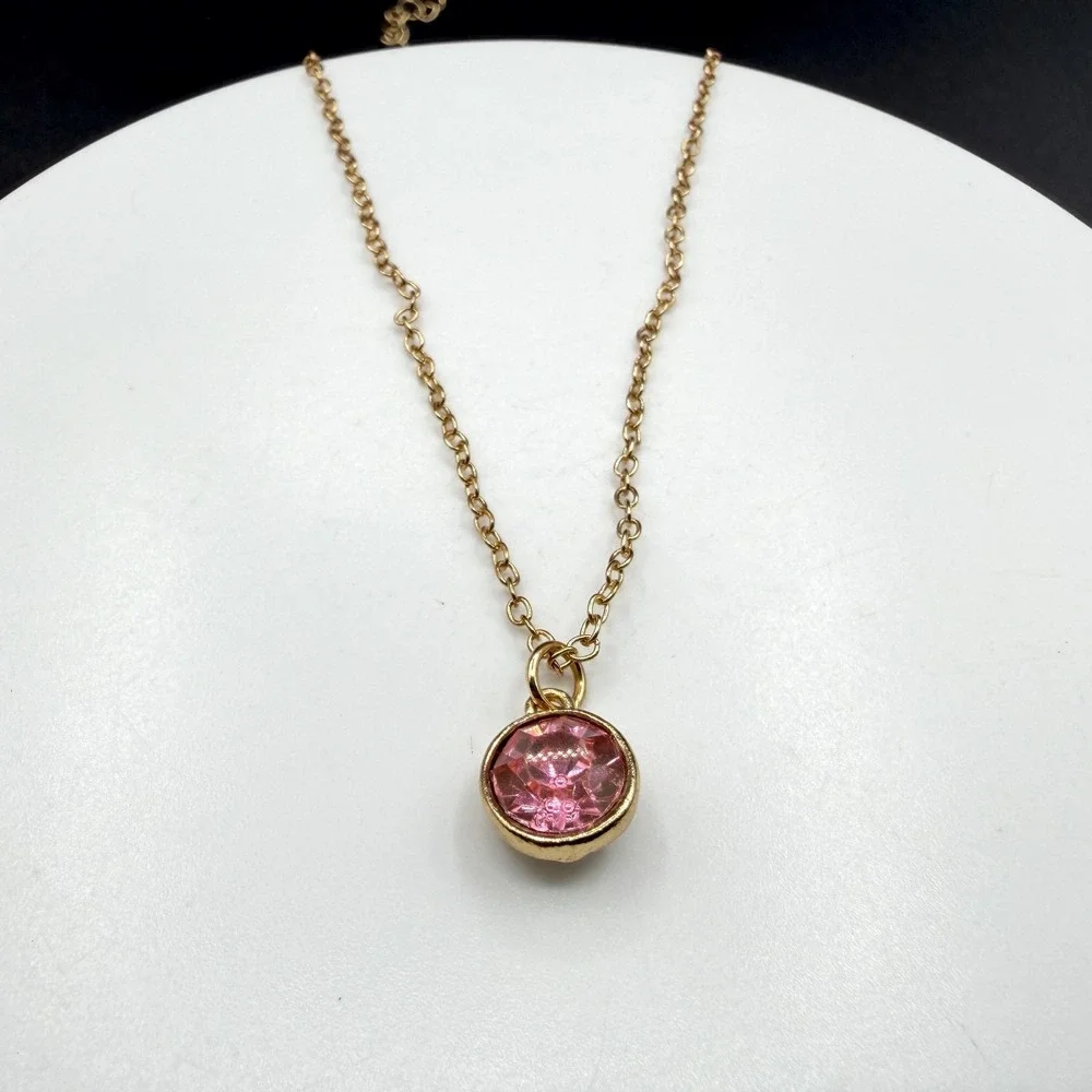 Gold Tone Pink Rhinestone Pendant Necklace Round Crystal Adjustable Chain Gift
